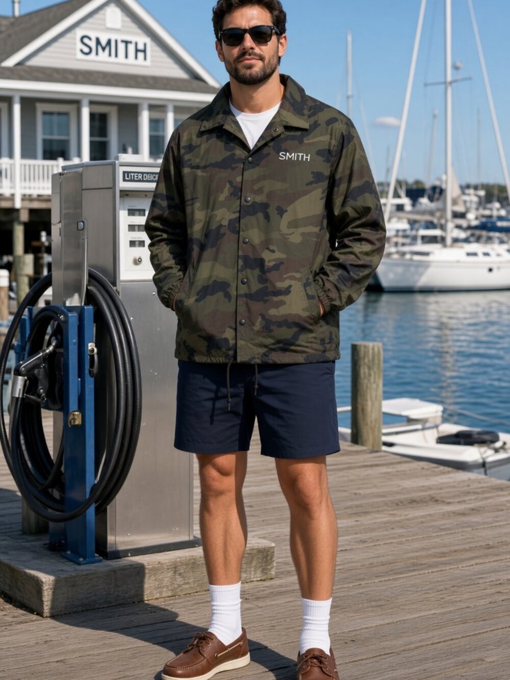 Smith Men Olive Camo Coaches Jacket Snap Front Windbreaker Beimar Boat Dock US M